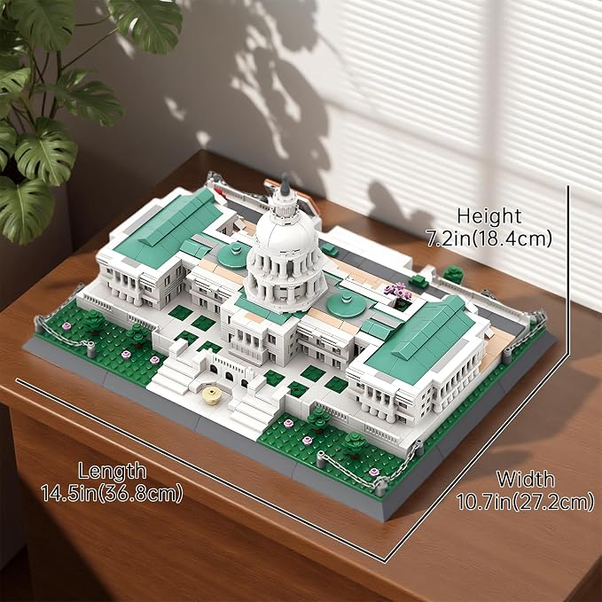 United States Capitol Building Blocks Set 1074 Pieces Washington D.C. Architecture Model Kit with Nameplate & Chain Fence USA Landmark Souvenir Gift Construction Toy for Adults & Teens