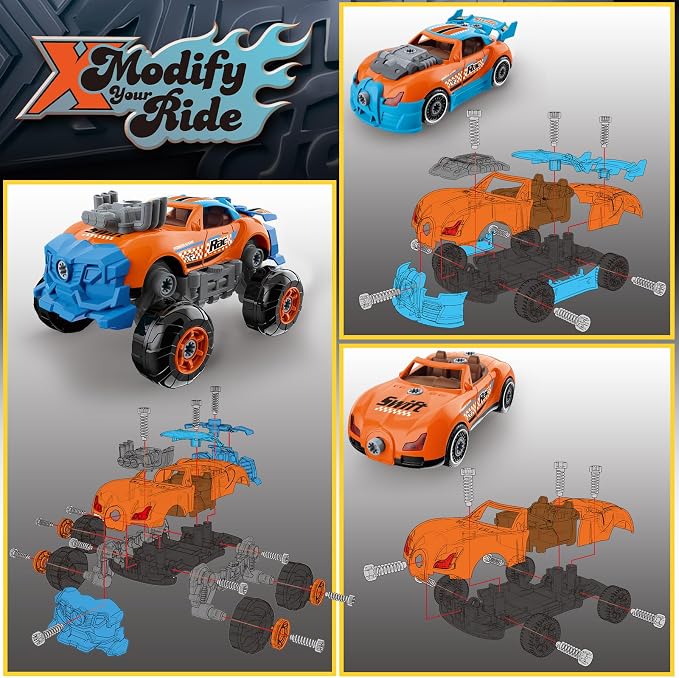 Pup Go 3-in-1 Take Apart Car for Boys Ages 3 4 5 6 7, Building Toys with Electric Drill, 43 Pcs Construction Toy Truck, Build Your Own Car with Play Tools, Ideal STEM Gift for Kids Children (Orange)