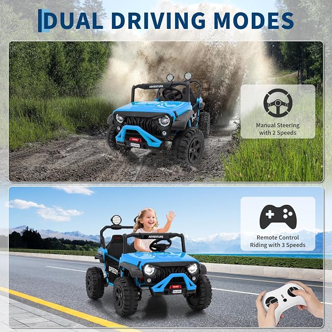 Powerful 24V Ride on Car for Kids, Ride on Truck with Remote Control - 4WD Electric Car, 2 Seater UTV, Spring Suspension, Front & Behind LED Lights, Dual Storage, 3 Speeds, Music,