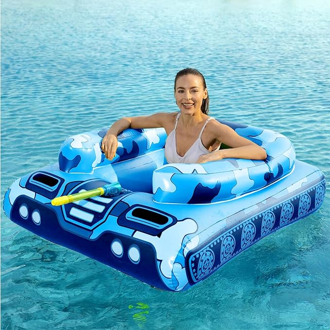 Tank Pool Floats Kids Adults - Jasonwell Inflatable Pool Floaties Swimming Pool Tank with Water Cannon Gun Swim Floaty Rafts Lake Beach Party Pool Toys for Boys Girls Toddlers Kids Adults (Blue, L)