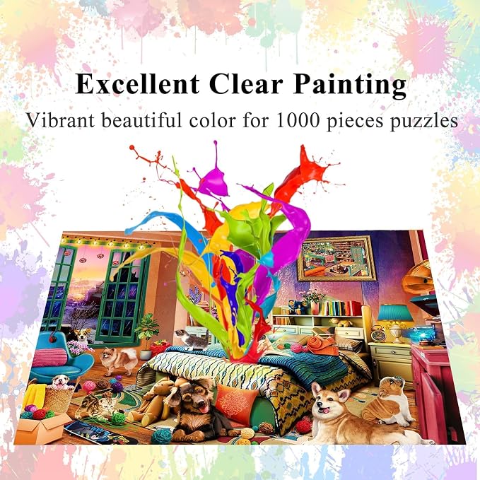 Jigsaw Puzzles for Adults 1000 Pieces, Pets Room with Poster Interlock Perfectly Letter on Back No Dust, Home Decor Toy for Men Women Elders Seniors (27.5"x19.6")
