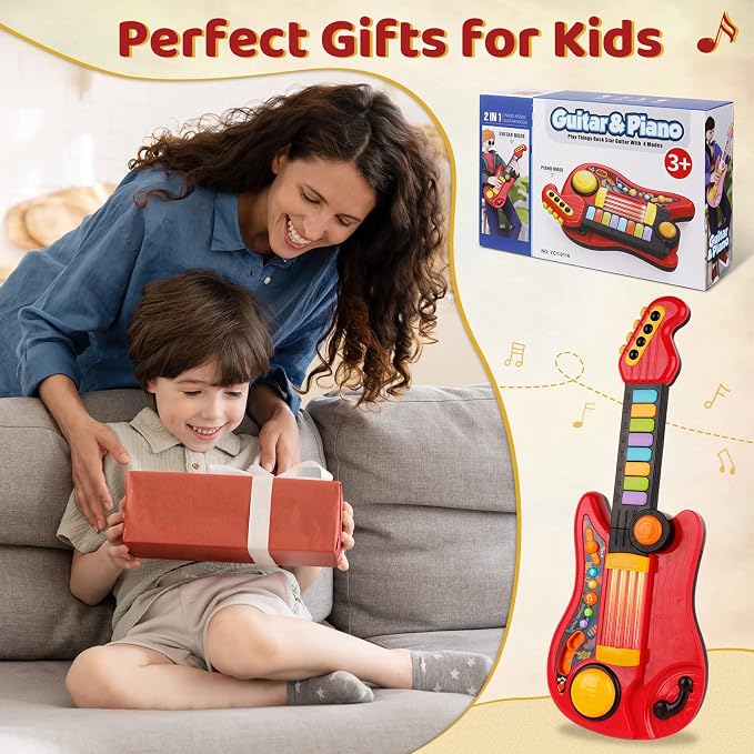 Kids Guitar 2 in 1 Musical Instruments for Kid - Fun Piano Toddler Toy & Electric Guitars | Explore Creativity | Unleash Child’s Talent, The Best Music Toys for Boys & Girls! (Red)