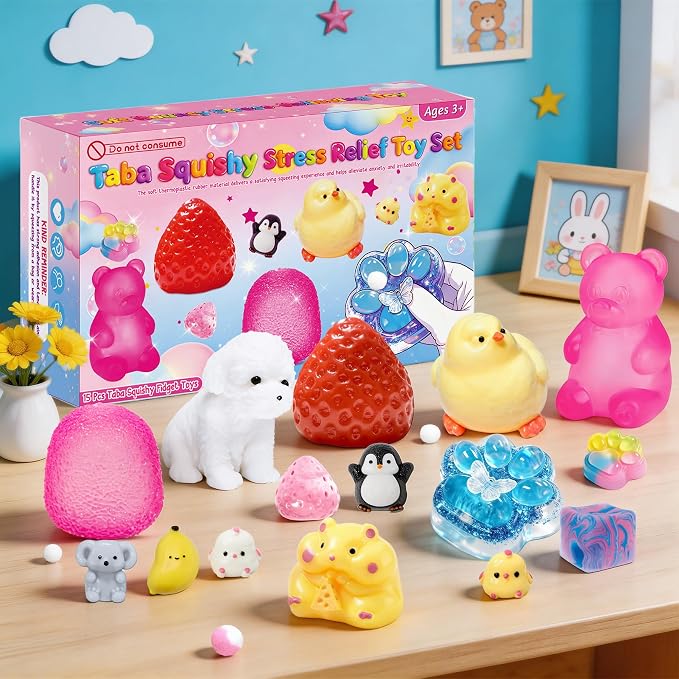 15Pcs Taba Squishies Kit, Squishies Fidget Toys, Including Strawberry, Cat Paw, Hamster Toy, Stress Relief Toys Party Favors for Kids 4-8 8-12, Sensory Toys Birthday Easter Gifts