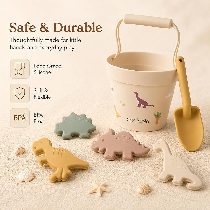 6-Piece Silicone Beach Toys Set for Kids - Foldable Sand Bucket, Shovel, 4 Sand Molds and Mesh Bag - Dinosaur World