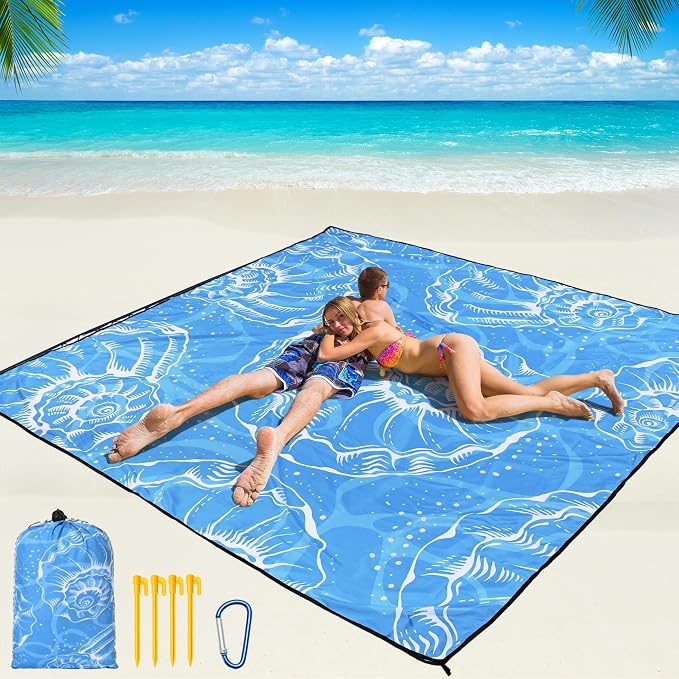 WIWIGO Beach Blanket Waterproof Sandproof Beach Mat 79" X 83"/10'x9'for 2-8 Adults Quick Drying Outdoor Picnic Mat Beach Accessories for Travel, Camping, Hiking
