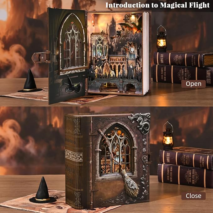 CCCDF Book Nook Kit, DIY Miniature Dollhouse Magic Book for Adults and Teens, 3D Wooden Puzzle Bookends with Sensor Led Light, Gifts for Family, Friends (Introduction to Magical Flight)