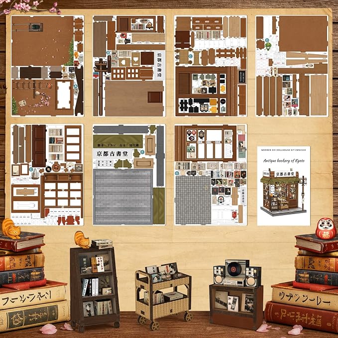 Cutefun Book Nook Kit - DIY Miniature Dollhouse kit for Adults, 3D Wooden Puzzle Vintage Japanese Bookshelf Insert Decor, Nostalgic Showa Era Craft Kits with LED (Antique Bookery of Kyoto)