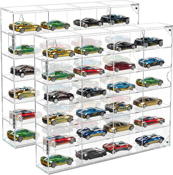 JUESHA 2 Pack Acrylic Display Case for Hot Wheels Storage 1/64 Scale, 6 Levels 24 Slots Toy Cars Showcase Wall Mount or Desktop, Clear Display Organizer for Diecast Matchbox Model Car Tabletop