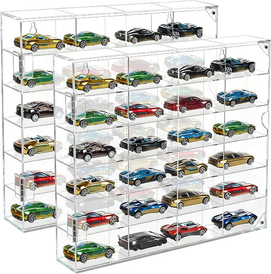JUESHA 2 Pack Acrylic Display Case for Hot Wheels Storage 1/64 Scale, 6 Levels 24 Slots Toy Cars Showcase Wall Mount or Desktop, Clear Display Organizer for Diecast Matchbox Model Car Tabletop