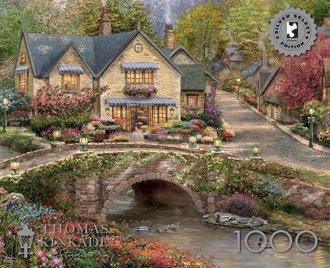 Buffalo Games Thomas Kinkade Summer in Cobblestone Village 1000 Piece Puzzle – Silver Select Premium Jigsaw Puzzle with Foil Accents & Reference Poster