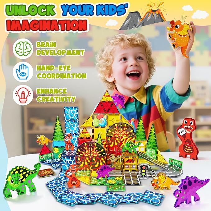 Dinosaur Toys Magnetic Tiles for Kids 3-5, Lava Dinosaur World Set Magnet Tiles for Kids Ages 4-8 5-7, Toddler Magnets Building Toys STEM Learning Sensory Birthday Gifts for 3+ Years Old Boys Girls