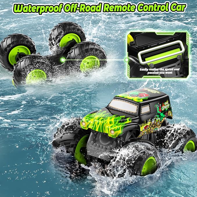 Amphibious Remote Control Monster Truck for Kids, Self-Balancing 4WD Stunt RC Truck with Wheelie Action, Waterproof All-Terrain Off-Road Big Tire Toy Car for Boys Girls Ages 6–12, Pool Gift