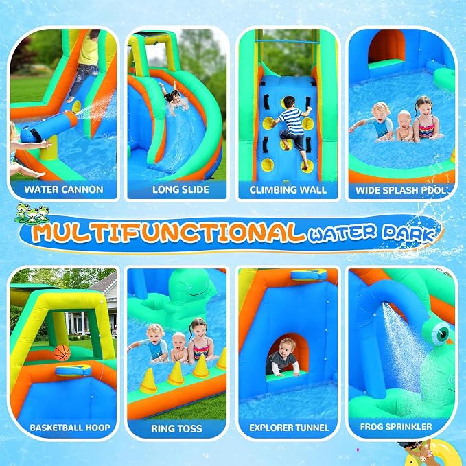 Bonnlo Inflatable Water Slide, Frog Design 8-in-1 Kids Water Park, with Climbing Wall, Blower Included, Backyard Summer Toy for Ages 3-8, Blue & Green