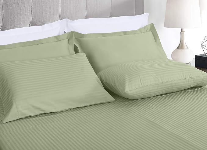 Threadmill 100% Cotton Sheets for Twin XL Size Bed - 600 Thread Count Twin XL Bed Sheets Set with 15” Deep Pocket - Damask Stripe Sateen Weave 3-Piece Bedding Set with Cooling Effect, Sage Green