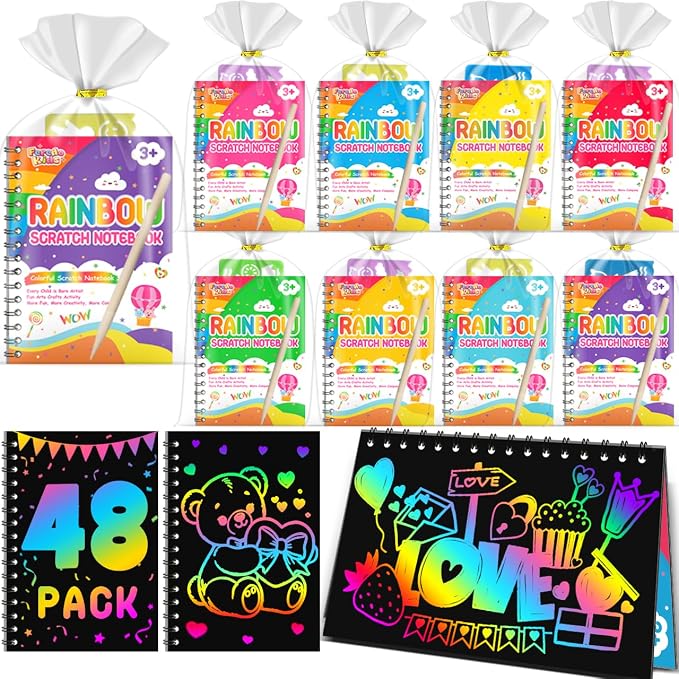Scratch Paper Art Party Favors for Kids: 48 Pack Rainbow Scratch Notebook, Goodie Bags Stuffers Coloring Books Party Favors for Kids 3-12, Bulk Classroom Birthday Gifts for Student