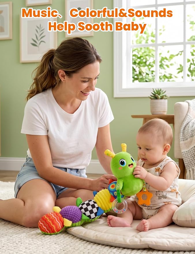 GoGonova Musical Caterpillar Baby Sensory Toy for Infant Development 0-12 Months – Newborn Bath, Car Seat, Stroller & Bassinet Activity Toy & Gift – Tummy Time Crawler & Teether(Green)