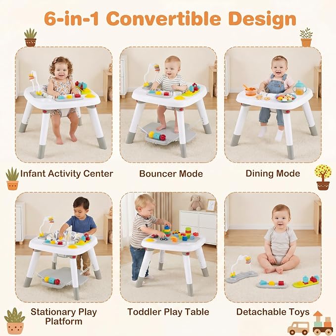 HONEY JOY Baby Bouncer Activity Center, 6-in-1 Infant Jumper & Standing Play Table w/ 360° Rotary Seat, 5 Toys, 3 Adjustable Heights, Music & Sounds, Activity Center for Babies(Gray)