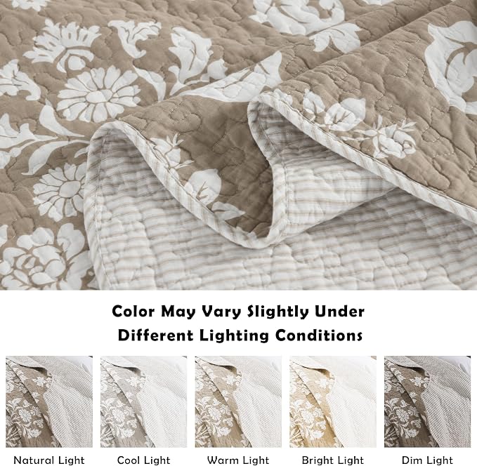King Size Bedding Set - 3-Piece Lightweight Reversible Quilt Set in Cotton, Farmhouse Floral, Khaki, for All Seasons