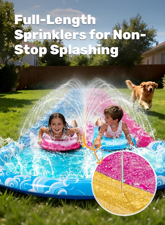 JOYIN 32.5FT Water Slide and 2 Inflatable Boards, Extra Long Heavy Duty Double Lawn Waterslide with Sprinkler for Kids Adults Backyard Summer Water Toy Outdoor Fun, Blue, Pink