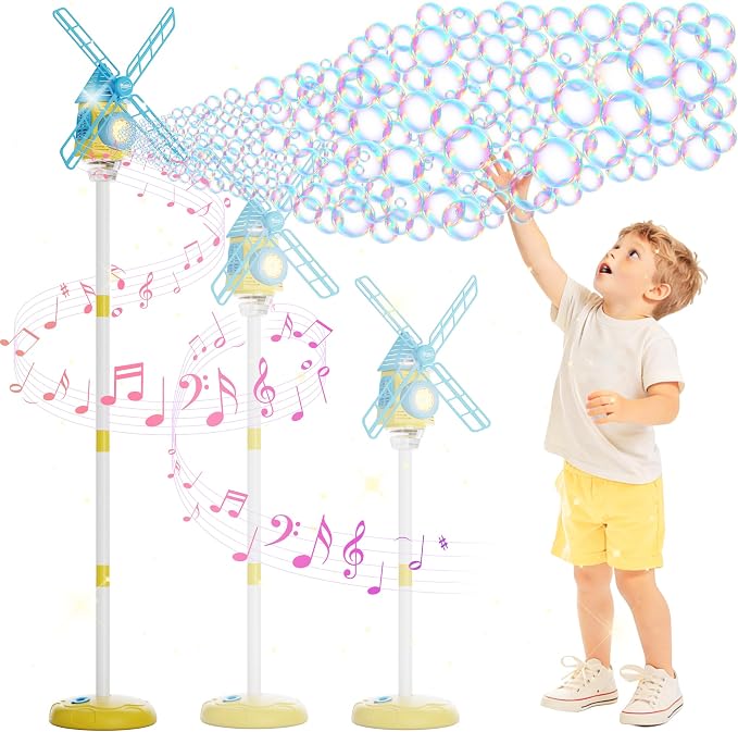 Windmill Bubble Machine for Kids, 51" Adjustable Height Standing Bubble Maker with Lights & Music, 10-Hole Battery Operated Bubble Blower with 130ml Tank, Outdoor Backyard Party Toys for Toddlers