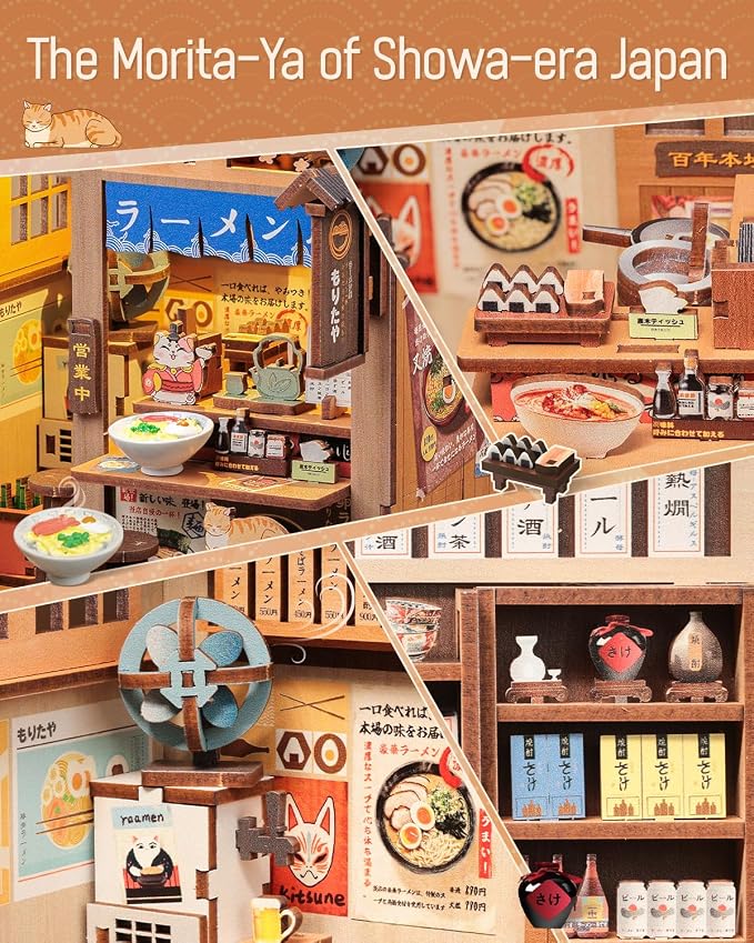 Cutefun Book Nook Kit - DIY Miniature House Kit for Adults, Japanese 3D Wooden Puzzle Tiny House with LED, Dollhouse Kit Bookshelf Insert Decor Creative Gifts for Teens and Beginners (Morita Ramen)