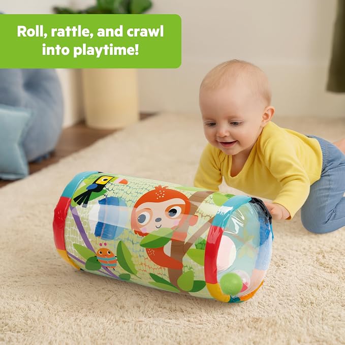 Bright Starts Roll-Along Rainforest Baby Toy, Push & Crawl Activity Toy with Rattle Balls, Portable Travel Roller Toy for Infants & Toddlers, Unisex, 0M+