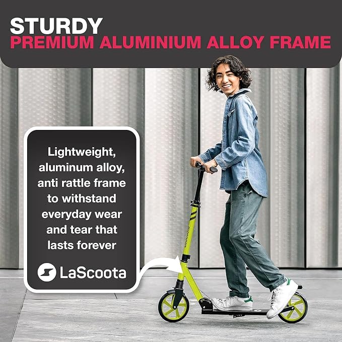 LaScoota Kick Scooter for Kids Ages 6+, Teens & Adults, Large 8" Sturdy Urethane Wheels. Adjustable Handlebar, Lightweight, Foldable, 220lbs Max Load