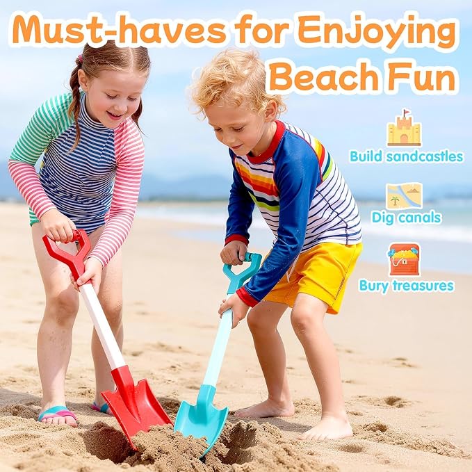20 Inch Beach Sand Shovels for Kids, Heavy Duty Plastic Spades, 2 Pack Set for Sandbox Garden Snow Digging