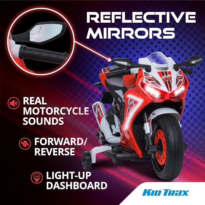 Kid Trax 6V Glow Electric Toddler Kids Motorcycle - Toddler Bike, Indoor/Outdoor Toys, Durable, LED Headlights and Body Light, Realistc Sounds, Kids Ride On Toys, Max Weight 65lbs, Ages 3+, RED