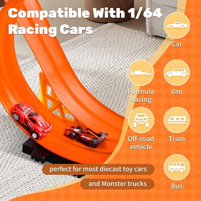 MINDNOOK 16 Ft Flexible Race Car Track Set for Kids, Portable Roll-Up Racetrack with 4 Cars & Suction Cups, Compatible with 1:64 Diecast Toy Cars, Gift for Boys & Girls Ages 4-12