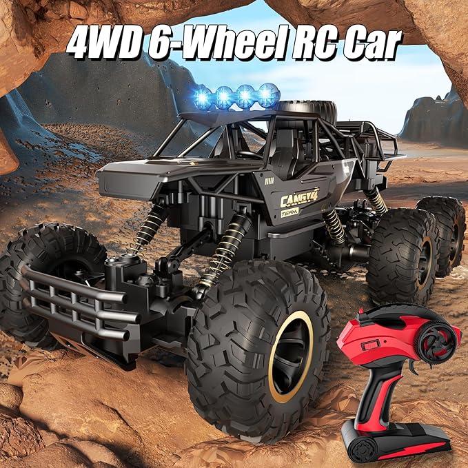 Jiakora Large Size RC Cars, Rock Crawler RC Truck with 2 Rechargeable Batteries, 6 Wheel Remote Control Monster Truck, Durable Metal Body & LED Headlights, Boy Toys for 4-7, 8-12 Kids & Adults