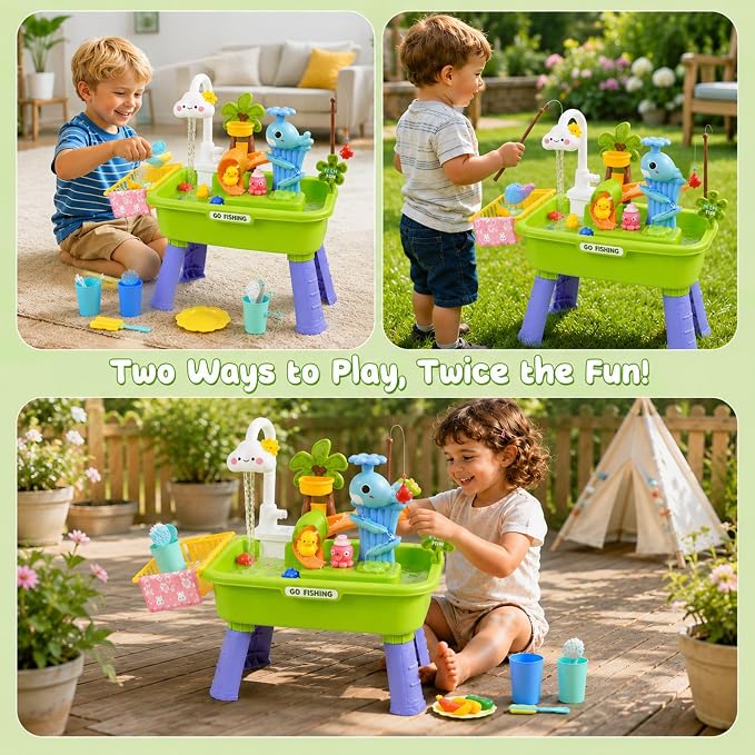 2026 Upgraded Water Table for Toddlers 1-3, Kids Sand Water Table Toy with Electric Water Pump, Kids Sand Water with Faucet/Play Food Accessories/Fishing Toy, Kitchen Play Sink Toy (Green)