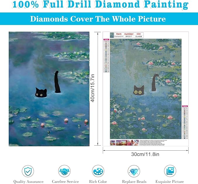 RYMILIE Black Cat Diamond Art Kits for Adults, 5D Lotus Pond Diamond Art Kits for Beginners, DIY Full Drill Paint with Diamond, Home Wall Decor 12 x 16 Inch