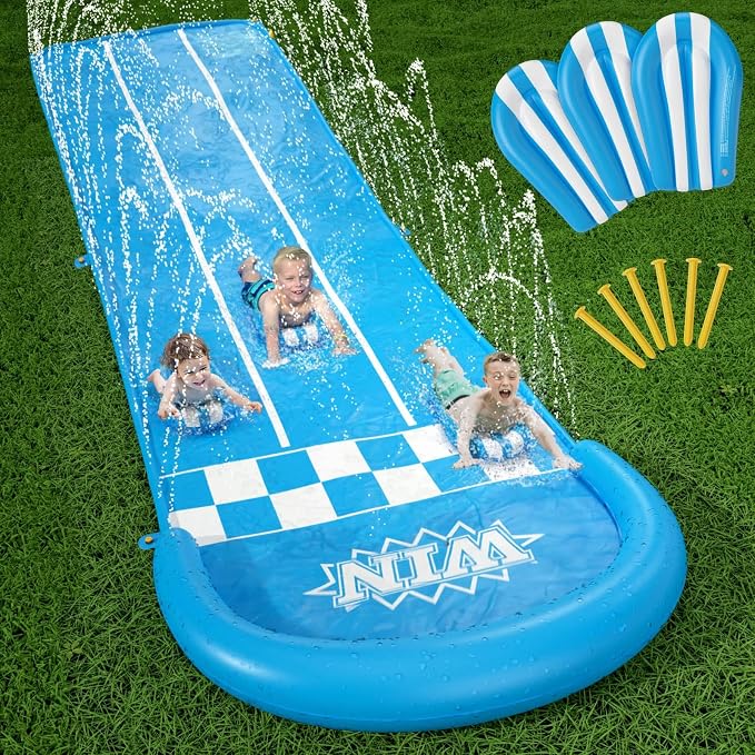 Jasonwell Slip and Water Slide - 20Ft Heavy Duty Lawn Slip Waterslide for Kids Adults with Splash Sprinkler N 3 Bodyboards Backyard Summer Outside Outdoor Water Play Toys (Race-3Lanes)