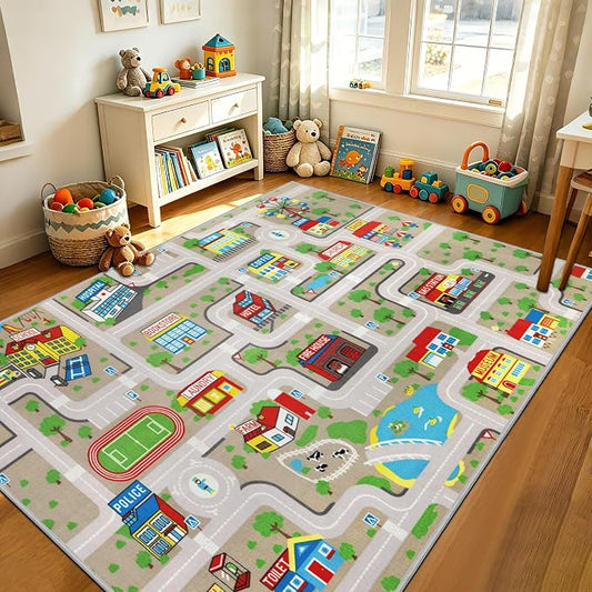 Capslpad Tan Car Road Kid Rug Carpet Playmat for Playoom Traffic Road Kids Play Mat for Toddler Non Slip Washable City Map Race Track Carpet Rug for Kids Room Playroom Classroom Decor,6.6'x9.8'