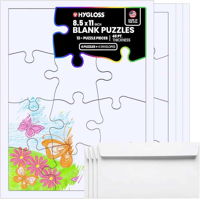 Hygloss 4 Blank Jigsaw Puzzles with Envelopes – 8.5 x 11 Inch, 12 Pieces Each – DYI Party invites, Perfect for Decorating, Kids' Activities, Arts & Crafts or Party Favors
