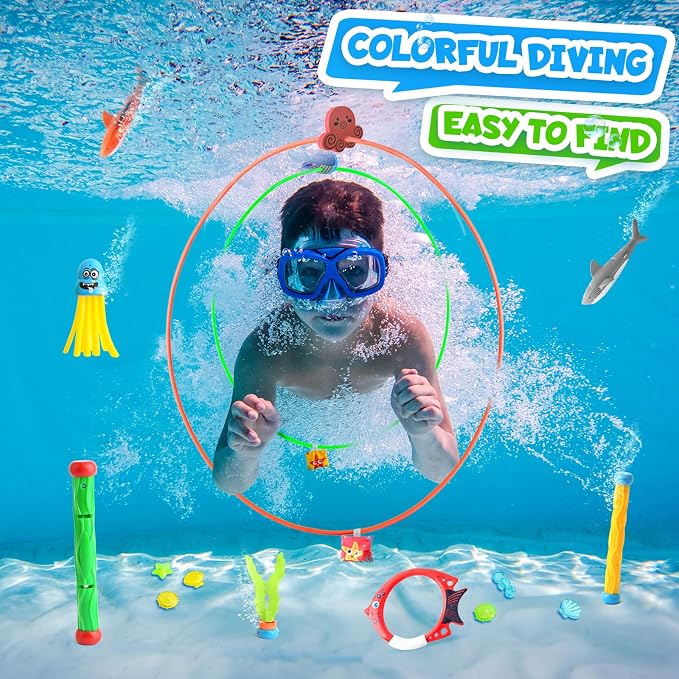Dive Rings Pool Toys Adults, 27 Pcs Diving Toys for Kids Ages 4-8, Shark Torpedo Dive Set, Octopus Toddler Water Fun Toys, Summer Essentials Underwater Swimming Throwing Gifts for Boys & Girls
