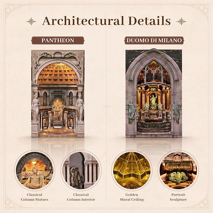 2 Pack DIY Book Nook Kit, Pantheon & Duomo di Milano Architecture Miniature with LED Light & Dust Cover, Dynamic Moving Light Effect, Easy Assembly Wooden Craft for Adults Bookshelf Decor