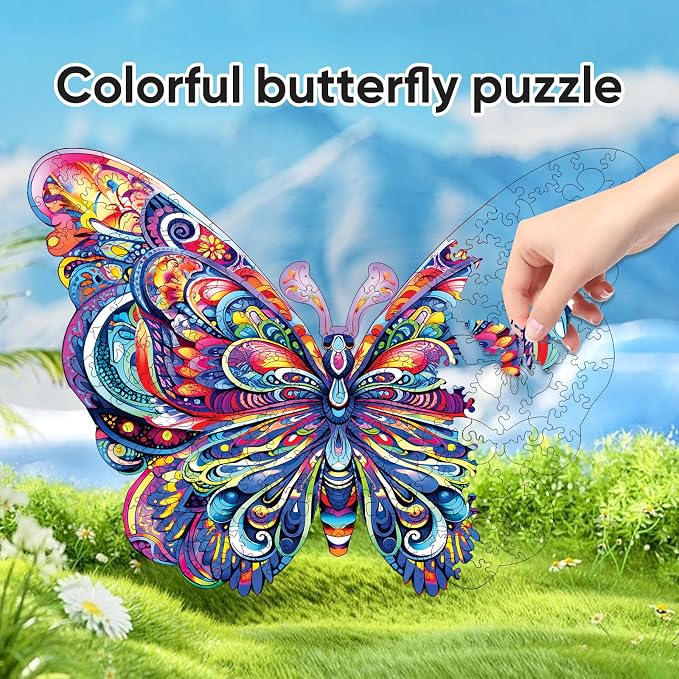 Mys Aurora Wooden Puzzles for Adults, Butterfly Jigsaw Puzzles 200 Pieces, 9 x 12.2 Inch, Medium, Unique Shaped Irregular Colorful Wood Puzzles, Beautiful Luxury Packag Gifts for Adults and Kids
