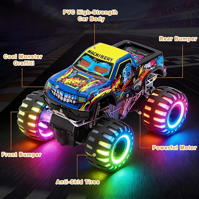 Remote Control Monster Truck Toys for Kids, 1:20 Scale 2.4GHz RC Car with Lights, All Terrain Rechargeable RC Truck with 2 Rechargeable Batteries, Toy Gift Birthday Christmas for Boys Girls Toddlers