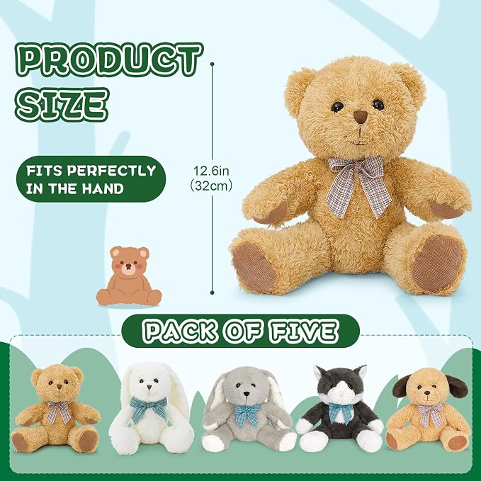 MaoGoLan 5Pcs Plush Animal Set, 13 Inch Stuffed Animals Bulk with Teddy Bear, Floppy Bunnies, Puppy and Kitty, Soft Plushies Bundle for Kids Girls Teens, Birthday Christmas Party Favors Room Decor