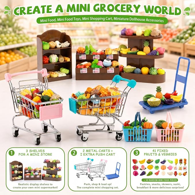 Mini Shopping Cart Basket, Miniature Grocery Toys 3 Supermarket Shelves Play Store 100+ Fruit Vegetable Cake Bread Mini Food Miniature Dollhouse Accessories with Push Cart