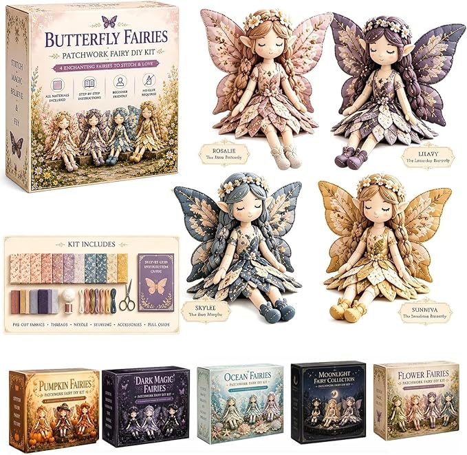 Fairy Patchwork DIY Collection, Fun Flower Fairy Patchwork Sewing Kit, Make 4pcs Winged Elf Cloth Dolls, Complete Fabric Supplies DIY Craft Set for Beginner Crafters, Home Decor Handmade Gift (#D)