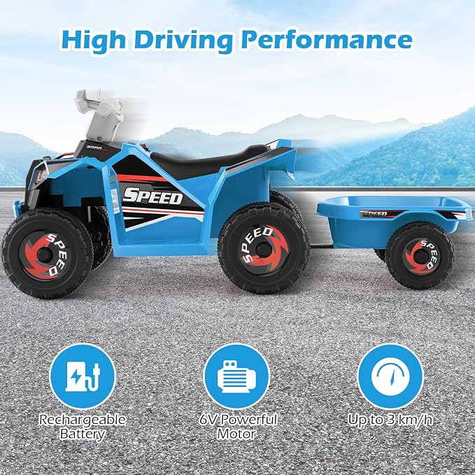 OLAKIDS 6V Kids ATV with Removable Trailer, Forward Backward Function, Widened & Wear-Resistant Wheels, Ride On Toy for Toddlers (Blue)