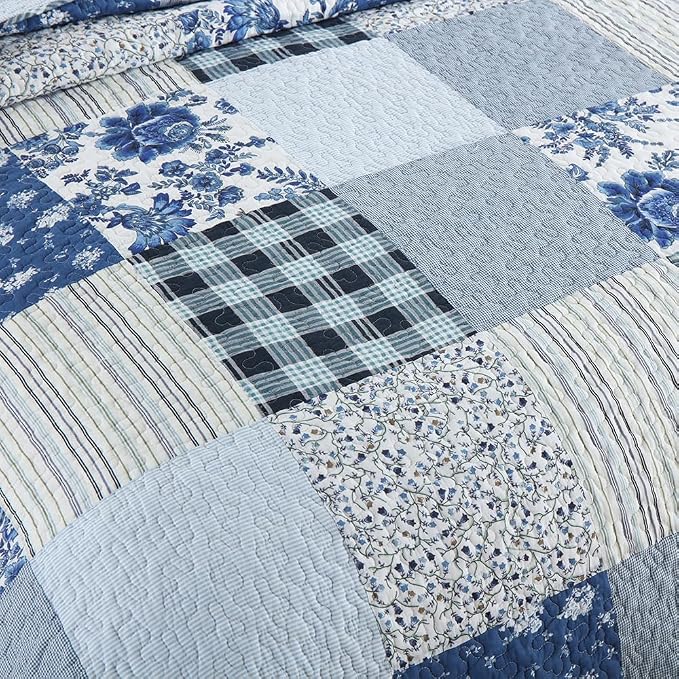 Cotton Bedspread Quilt Bedding Sets 3 Pieces Reversible Coverlet Sets Comforters Rustic Floral Patchwork Blue White Bedspread, Queen Size