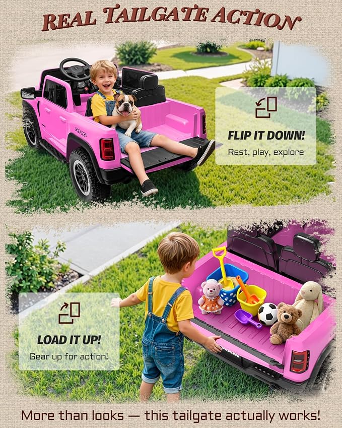 First Ride On 24V Ride On Toys for Big Kids, RAM 1500 RHO 2 Seater Ride on Car w/Remote, Battery Powered Truck w/ 4 Wheels Suspension, Toddler Car w/Bluetooth, LED Lights, Trunk