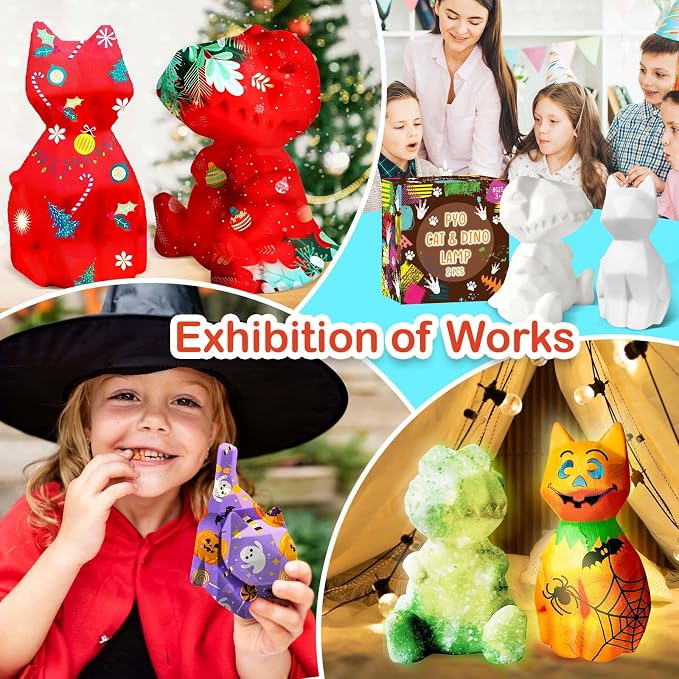 Goody King Paint Your Own Cat & Dinosaur Lamp Kit, 3PCS DIY Night Light, Arts & Crafts for Kids Ages 8-12, Art Supplies Painting Kit for Kids 6-12, Art Supplies Craft Birthday Gifts for Kids Ages 3+