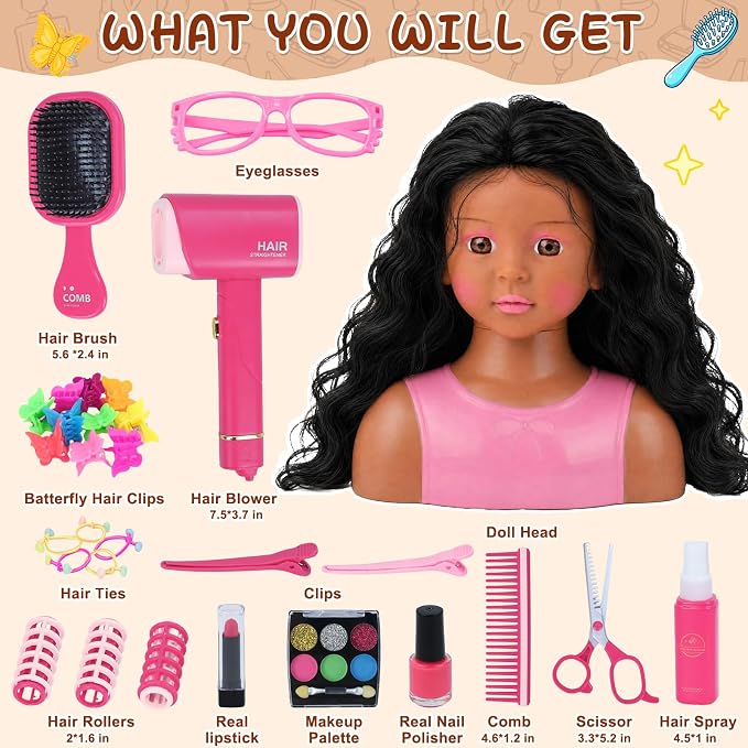Doll Head for Hair Styling Makeup Kids, Pretend Play Hair Salon Toys for Girls with Hairdryer Accessories Real Lipstick Makeup Palette, Black Princess Birthday Gifts for 3 4 5 6 7 8 Years Old
