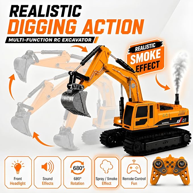 Remote Control Excavator Toy 4-in-1 RC Construction Vehicle with Metal Bucket, Alloy Drill, Grapple Claw, 680° Rotation, Smoke Spray, Sounds, 2 Batteries, Digger Gift for Boys 3-8+