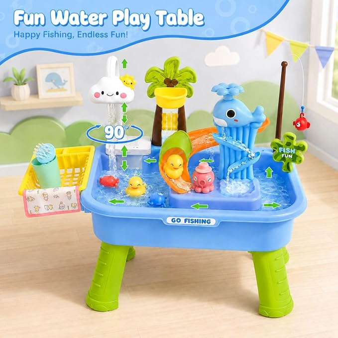 2026 Upgraded Toddler Sand Water Table Toy with Electric Water Pump, Kids Sand Water with Faucet/Play Food Accessories/Fishing Toy, Kitchen Play Sink Toys for Girl Boy Age 3+ (Blue)